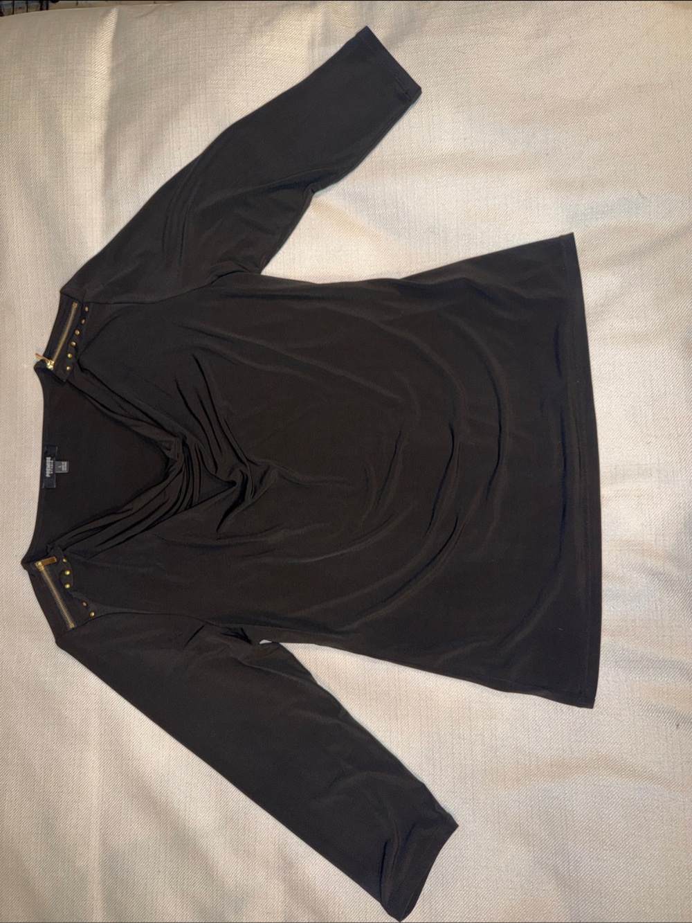 Premise Black 3/4 Length Sleeve Drape Neck Top with Gold Studs
